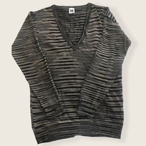 M MISSONI Pullover Top Knit Black White Stripes V-Neck Size 38 Vintage